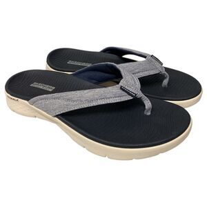 Skechers Black Footbed Gray Fabric Strap Flip Flops
